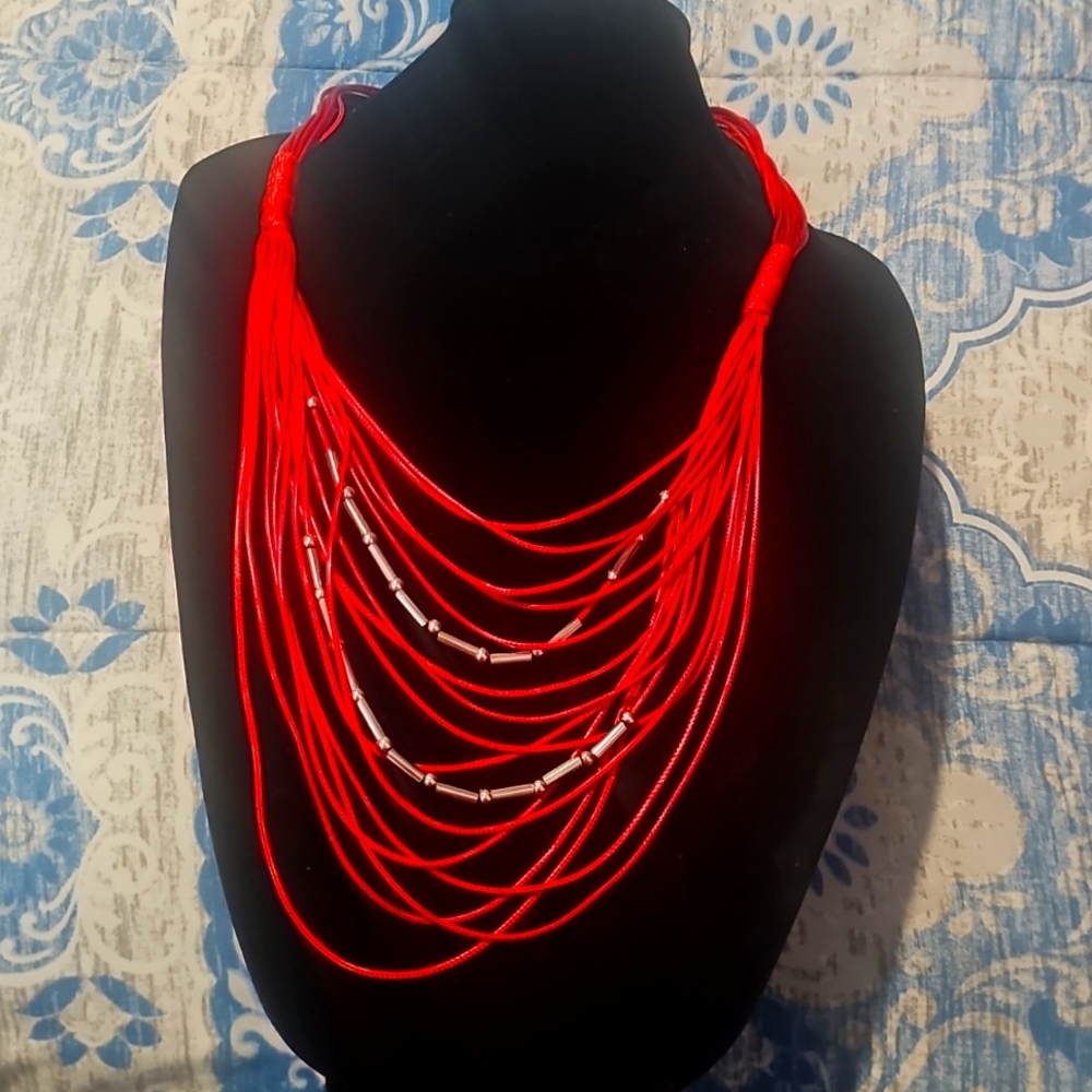 Beautiful layered red necklace  paired silver earrings